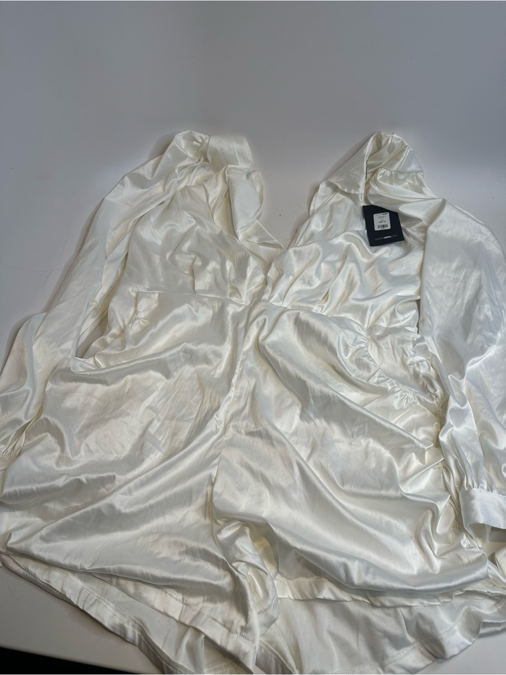 Fashion Nova Ivory Satin Romper
